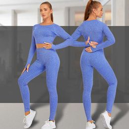 Yoga Outfit Hot Selling Women Seamless Yoga Set Long Sleeve Workout Outfits Gym Crop Tops and Hight Waist Leggings Stripe Rompers Sportswear P230504