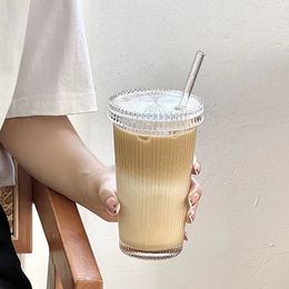 Water Bottles Simple Vertical Striped Glass With Lid Straw Cup HighValue Water Cup Milk Coffee Cup Drink Cup 375ml 230503