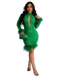Casual Dresses Mesh Sheer Rhinestone Feather Party Prom Women See Through Night Club Outfits Wedding Evening Sexy Diamond