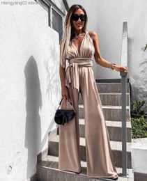 Women's Jumpsuits Rompers 2021cross backless v neck infinity strap high waist wide leg pants summer jumpsuit Black pink green combinaison femme pantn T230504