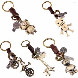 Keychains Vintage Animals Bear Pig Giraffe Bicycle Robot Charms Keychain Women Men Car Bag Keyfob Genuine Leather Key Chains Rings Holder