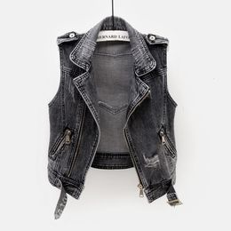 Women's Vests Grey Jean Cowboy Waistcoat Hole Denim Women Vest Female Spring Autumn Sleeveless Wild Tops Short Jacket Girls Ripped 5XL Vest 230503