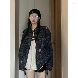 Women's Jackets Deeptown Korean Style Distressed Denim Jacket Women Harajuku Fashion Oversize Long Sleeve Top Streetwear Casual Letter