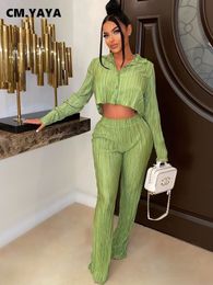 Women s T Shirt CM YAYA Street Pleated Set Long Sleeve Mini Blouse Shirt and Straight Pants Suit 2023 Two 2 Piece Outfits Tracksuit 230504