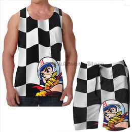 Men's Tracksuits Summer Funny Print Men Tank Tops Women Speed Racer Checkered Flag Beach Shorts Sets Fitness Vest