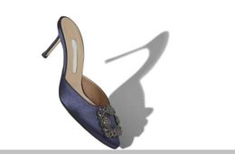 Sandals Navy blue satin gemstone buckle Muller shoes cool