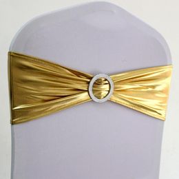 Sashes 10pcs or 50pcs Metallic Gold Silver Stretch Spandex Chair Sash Band Lycra Wedding Chair Bow Tie For Hotel Banquet Decoration