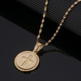 Pendant Necklaces Men's Round Cross Necklace For Women Men Copper Gold Colour Prayer Chain Jewellery