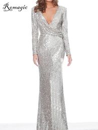 Party Dresses Sexy Silver Sequin Deep V Neck Evening Gown Long Sleeves Ruched Mermaid Maxi Dress Luxury Shine Party Formal Prom 230504