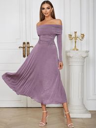 Casual Dresses Sexy Off The Shoulder Long Sleeve Pleated A-Line Dress Women Temperament Strapless Purple Party Midi Evening Club