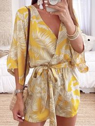 Women's Jumpsuits Rompers Foridol Leaf Print White Batwing Sleeve Rompers Overalls Summer Autumn Sash Wide Leg Beach Boho Playsuit Romper 230504