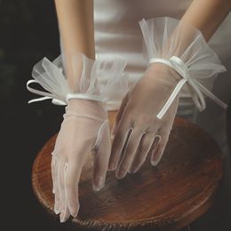 Fingerless Gloves WG020 Elegant Women Wedding Bridal Short White Breathable Tulle Ribbon Bow Brides Bridesmaid Accessories 230504