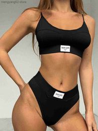 Bras Sets 2023 Women's Letter Print U-neck Bra Fashion Stretchy Casual Sports Brief 2 Piece Solid Simple Underwear Set Lingerie T230504