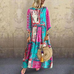 Casual Dresses Women Floral Printing Bohemian Style Long Dress Loose Stright Cotton Linen Blend Sleeve Maxi