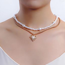 Chains Trendy Imitation Pearl Heart Pendant Chain Necklace Women's Retro Temperament Versatile Beaded 2023 Jewelry Gift