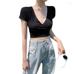 Active Shirts 2023 Summer Fashion Streetwear Women Top Solid Color Short Sleeve Low-cut T-shirts Sexy Deep U-neck Tops Blusas Mujer De Moda