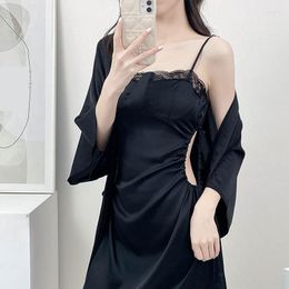 Women's Sleepwear Black Satin Lace Kimono Bathrobe Gown Set Women Twinset Robe Suit Nightgown Sleepdress V-Neck Nightwear Loungewear