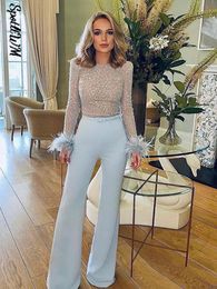 Women s T Shirt Women Causal Feather paneled Sequined Faux Pearl Jumpsuit Spring Elegant Long Sleeve Top Flared Trousers Two Piece Sets 230504