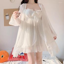 Women's Sleepwear Elegant Robe Gown Sets Chic Lace Mesh Sweet Women Pajamas Solid White Girls Sexy Breathable Slim Empire Nightdress