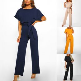 Women's Jumpsuits Rompers Jumpsuit Lace Up High Waist Elegant Women Solid Color Straight Leg Romper Fashion Short-sleeved Round Neck Jumpsuit for Dating 230503