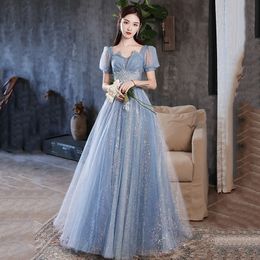 Party Dresses Beauty-Emily Blue Short Sleeves Long Evening Dresses Luxury Tulle Sequins Prom Party Gowns Appliques Shiny Women Gown Vestidos 230504