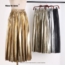 Skirts Elegant Women Midi Skirt VD1824 High Waist Black Silver Gold Solid Colour Pleated Skirt 230504