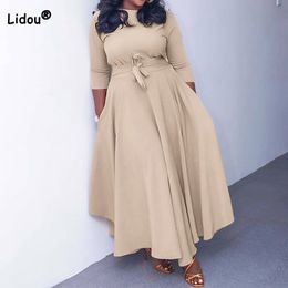 Plus size Dresses Autumn Winter Size Women Clothes Solid Colour Fashion Round Neck Bandage Three Quarter Sleeve Higt Waist Elegant Maxi Dress 230503