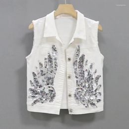 Women's Vests Korean Fashion Denim Vest Women Coat 2023 Spring/Summer Sequins Phoenix Flower Outerwear Sleeveless Short Jacket Female Tops