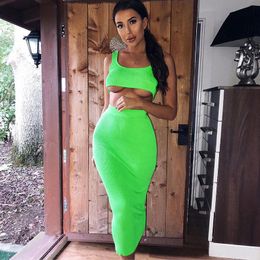 Two Piece Dress Dulzura neon ribbed knitted women two piece matching co ord set crop top midi skirt sexy festival party summer clothing 230504