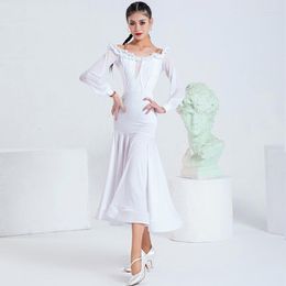 Stage Wear Adult Women Ballroom Dance Performance Dress Off-Shoulder Long Sleeve Waltz Dancewear Tango Competition Costume YS3129