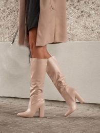 Boots Nude Leather Block Heel Knee High Classic Runway Dress Women Sexy Pointed Toe Zipper Solid Fashion Winter Shoes