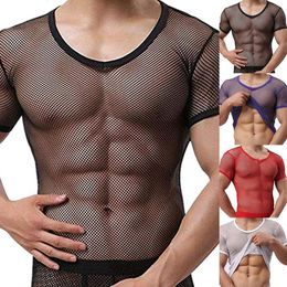 Men's T-Shirts Sexy Men Mesh See Through T-Shirt Fishnet Hollow Clubwear Streetwear Perform Male Short Sleeve Top Undershirt Top Tee gifts 230503