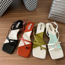 Sandals SUOJIALUN Summer Mix Color Women Sandal Fashion Narrow Band Ladies Gladiator Shoes Square Low Heel Outdoor Dress Slides 230503