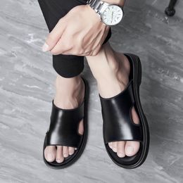 Sandals FZNYL Men Genuine Leather Air Cushion Slip On Slides Shoes NonSlip Rubber Sole Classic Black Flat Beach Slide Slippers 230503