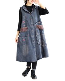 Leather Long Denim Hooded Vest Women 2023 Spring Casual Sleeveless Jackets Fashion Spliced Print Pocket Waistcoat