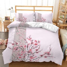 Bedding Sets Spring Flowers Duvet Cover Pink Sakura Girls Cherry Blossoms Quilt Floral Polyester For Women Kids Bedroom Decorations