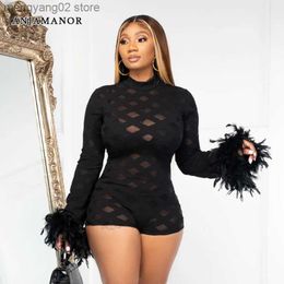 Women's Jumpsuits Rompers Feather Mesh See Through Black Jumpsuit Women Clothing Sexy Rompers One Pieces Going Out Night Club Outfit D82-DZ15 T230504