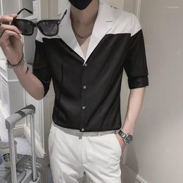 Men's Casual Shirts Black/White Spring Summer Fashion Patchwork Colour Half Sleeve For Men Clothing 2023 Turn Down Collar Slim Fit Tuxedo 3XL