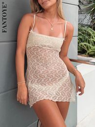 Casual Dresses Fantoye Sexy See Through Lace Women Khaki Spaghetti Strap Side Slit Mini Femme Summer Skinny Girl Party Clubwear 230503