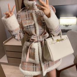 Women's Wool & Blends 2023 Winter Lamb Patchwork Woollen Coat Middle Long Small Fragrance Waist Sequin Fashion