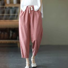 Women's Pants Capris Rimocy Summer Casual Cotton Linen Pants Women Retro Pockets Loose Harem Pants Woman Solid Elastic Waist Trousers Female 230503