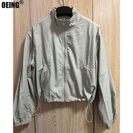 Women s Jackets Korean Style Quick Dry Hiking Jacket Stand Collar Drawstring Zipper Long Sleeve Outdoor Sun Protective Short Sports Coat Female 230505