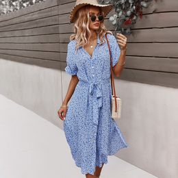 Casual Dresses Beach Boho Summer Dress Shirt Floral Vintage High Waist Dresses Women Casual Loose Single-Breasted Midi Slim Elegant Robe 230505