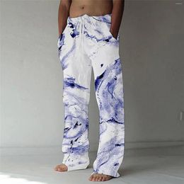 Men's Pants Men Baggy Cotton Linen Tie Dye Print Pockets Lace Up Drawstrings Loose Breathable Wide Leg Pant Full Length Trousers