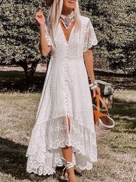 Casual Dresses White Maxi Dress Women Summer Bohemian Long Beach Sundress Ladies Hollow out Short Sleeve V-neck Holiday Dress Robe Longue 230505