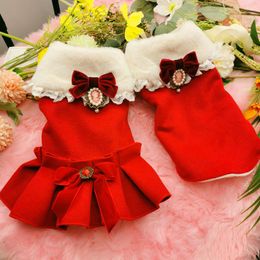 Dresses 2021 Autumn Winter New Year Red Pet Dog Clothes Plus Velvet Warm Woollen Cloth Bow Dress For Small Medium Dog Outfits Dog Jackets