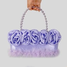 Evening Bags Trendy Designer Stain Flower Handbags And Purses 2023 Feather Fur Wedding Clutch Pearl Handle Totes High Quality