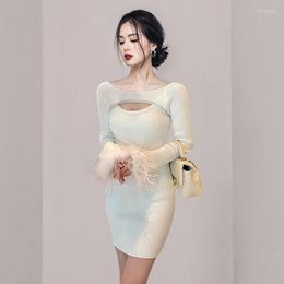 Casual Dresses Women's Autumn And Winter Korean High-end Temperament Garden Collar Long Sleeve Nail Beads Fashion Slim Knit Sweater