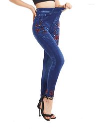 Women's Leggings CHSDCSI Imitation Denim Blue High Elastic Casual Sports Capris Flower Pattern Slim Breathable