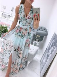 Casual Dresses Summer Deep V-Neck Bohemian Dress Sleeveless Beach Elegant Dresses Women Chiffon Split Vintage Floral Print Long Vestidos 230505